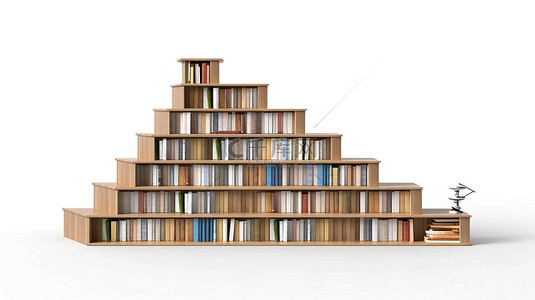 白色背景下书籍和楼梯的 3D 渲染