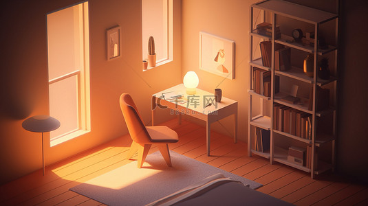 卡通房子室内背景图片_以 3D 等距视图呈现的简约现代卡通风格内饰，房间沐浴在傍晚的阳光下，配有家具和装饰元素，如椅子台灯和书架