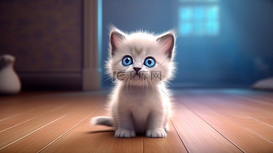眼睛插画设计背景图片_迷人的缅甸猫 3D 插图，一只眼睛闪闪发亮的小猫