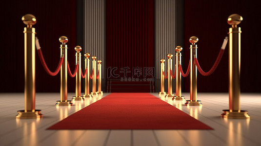 红地毯背景图片_进入闪闪发光的世界 3D 渲染红地毯和带有障碍的金柱