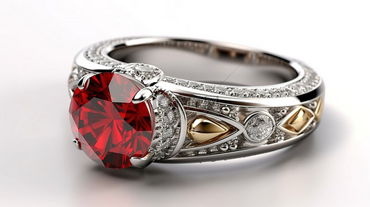 红宝石装饰的金银戒指，在白色背景下呈现令人惊叹的 3D 插图