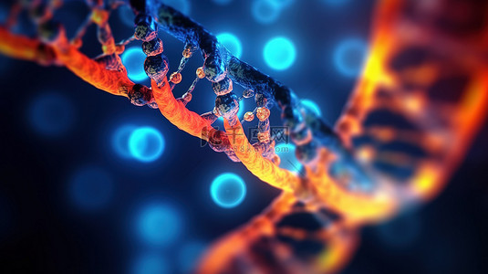 化学生物背景图片_抽象分子序列的 3D 插图，蓝色和橙色 DNA 链理想作为背景或横幅