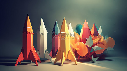 引领潮流背景图片_引领潮流 3D 纸火箭飞翔，具有领导象征意义渲染插图