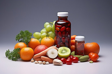 甜品福利背景图片_一瓶含有维生素补充剂胡萝卜和水果的药物