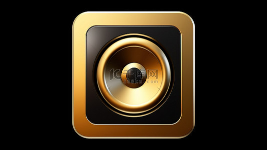 带有金色扬声器图标的黑色方形按钮键的 3D 渲染和界面 ui ux 元素