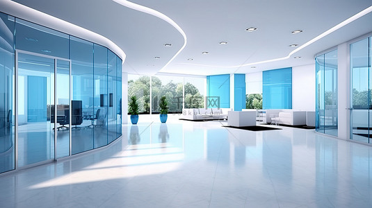 干净玻璃背景图片_采用光滑的白色玻璃和蓝色完美地逼真地描绘了当代办公空间的 3D 图像