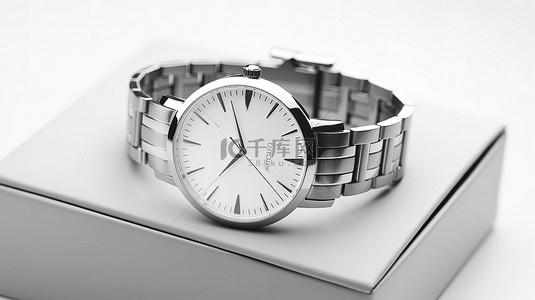 优雅的复古银色男士手表，配有白色背景 3D 渲染的礼品盒