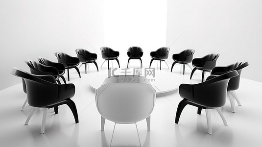 企业聚集白色背景，椅子和首席执行官座位呈圆形排列，以 3D 形式可视化