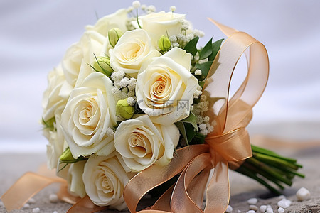 白色花新娘花束和丝带金棕色