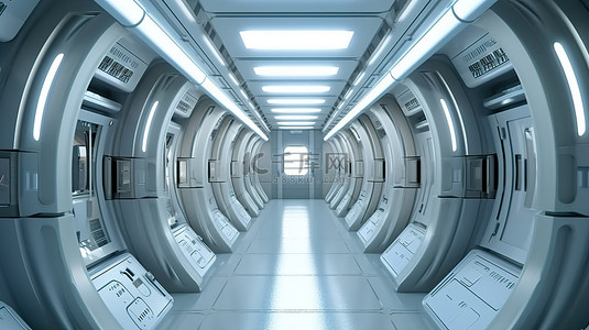 宇宙星球背景图片_宇宙飞船或空间站内的未来隧道走廊，具有空置空间 3D 渲染