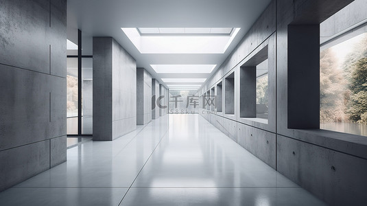 灰色背景图片_带混凝土走廊的现代陈列室令人惊叹的抽象室内设计 3D 渲染