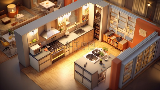 以等距视图描绘的厨房和住宅区，具有令人惊叹的 3D 渲染