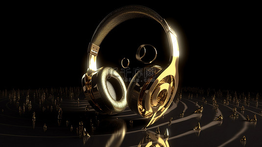 金色 3D 音符耳机呈现音乐概念的视觉表示