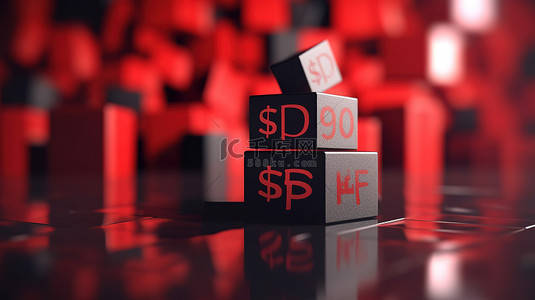 红色黑色星期五销售标志，带有百分比和价格标签，带有美元符号和立方体 3D 渲染插图，具有选择性焦点