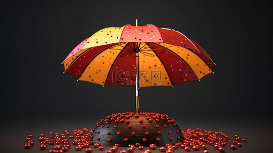 丰富的财富加密硬币雨点落在圆点伞上的 3D 插图