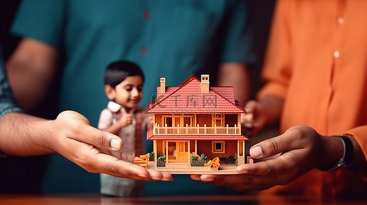 爸爸妈妈孩子背景图片_印度家庭持有象征印度房地产概念的 3D 纸质房屋模型
