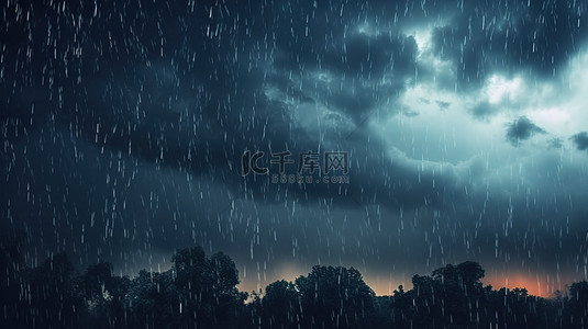 雨季背景图片_不祥的云层下的倾盆大雨 3D 渲染的雨季图像