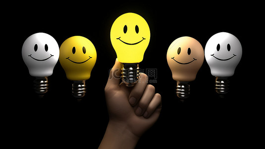 大脑储备背景图片_3D手持灯泡照亮的笑脸象征着乐观和积极的思考