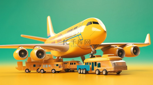 3D 渲染中附在卡通飞机上的航空货运横幅