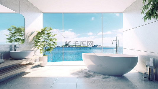现代浴室的 3D 渲染，海景和阳台上的户外浴缸