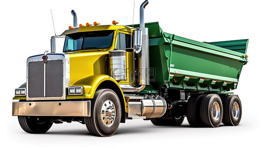 公路工程背景图片_白色背景的 3D 插图，配有一辆大型美国卡车，配有绿色拖车自卸卡车