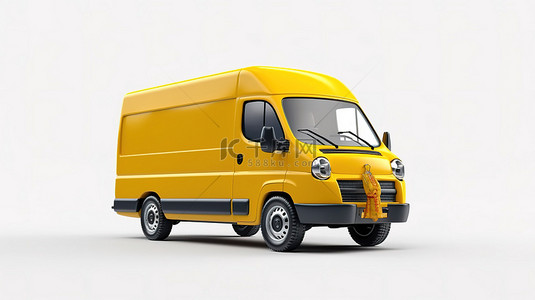 运输和交付概念 3D 渲染白色背景上黄色货车的插图