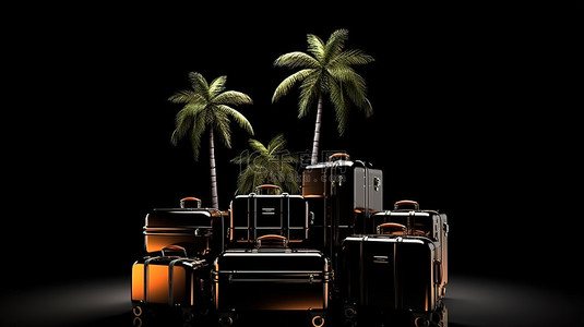 黑色旅行背景图片_黑色背景，配有 3D 手提箱和棕榈树