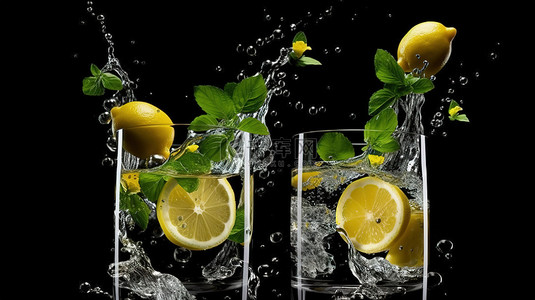 酒的背景图片_清爽的柠檬和薄荷饮料，冰块落入光滑的黑色背景 3D 渲染的玻璃杯中