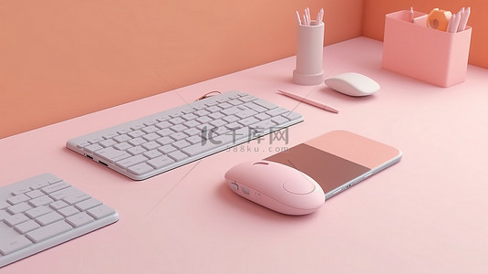 移动办公背景图片_手机屏幕和键盘与办公桌上鼠标的柔和彩色 3D 渲染