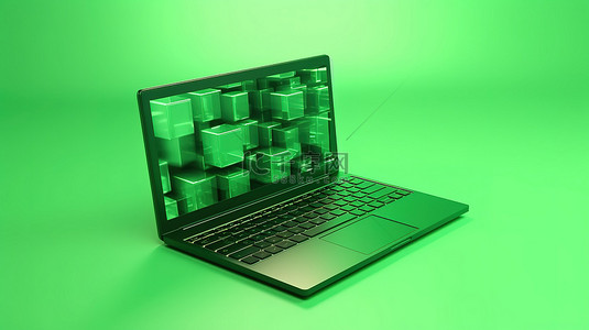 绿色背景上的 3D 笔记本电脑插图
