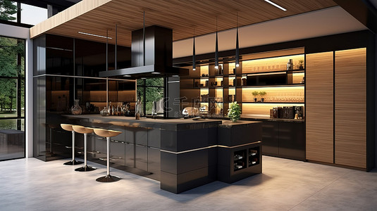 厨房一角背景图片_时尚的厨房设计，带有 3D 创建的时尚黑色 Maramor 吧台