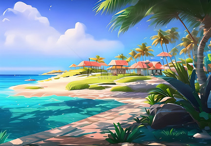 海滩椰子树景色沙滩蓝天
