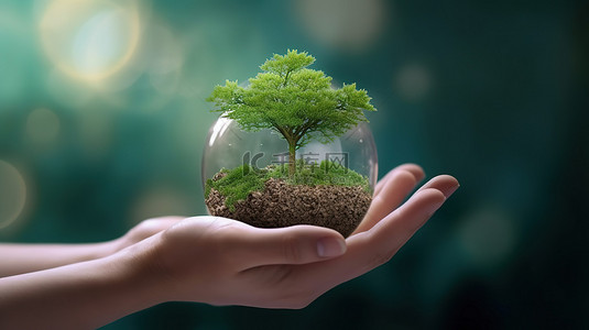 留住年轻背景图片_3d 渲染一棵年轻植物被抱在地球上的手上