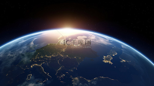 地球背景图片_NASA 提供了具有欧洲风格的星际空间中地球上的 3D 渲染日出