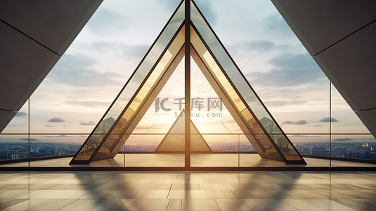 现代建筑内部的 3D 渲染，采用现代三角形设计，采用玻璃混凝土和钢元素