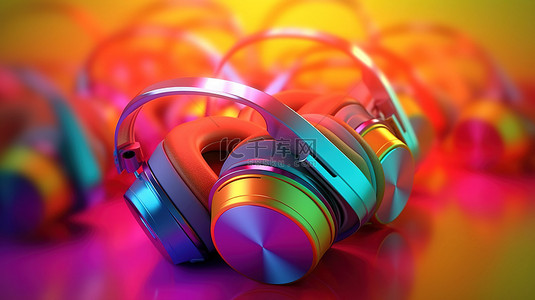 防噪耳机背景图片_3D 彩色背景上充满活力的耳机渲染插图
