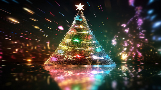 圣诞快乐红背景图片_闪闪发光的圣诞树的 3D 插图，上面有一颗闪闪发光的星星，祝您圣诞快乐，新年快乐