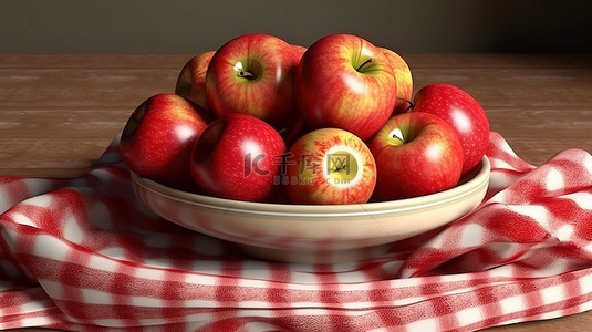 一堆苹果放在一个织物覆盖的碗上，整个和一半的品种在令人惊叹的 3D 渲染中