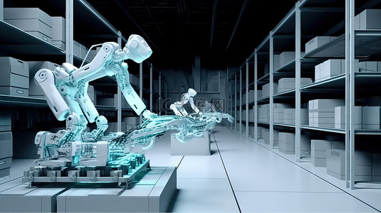 机械科技背景背景图片_具有 3D X 射线渲染的未来机器人和仓库机器人