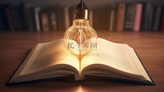 打开书背景图片_打开书上的想法照明毕业帽，带有灯泡，象征学校和大学的教育和学习 3D 插图