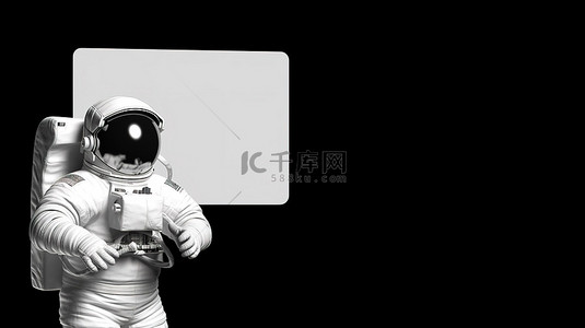 一名宇航员在黑色背景下挥舞白色横幅的 3D 渲染
