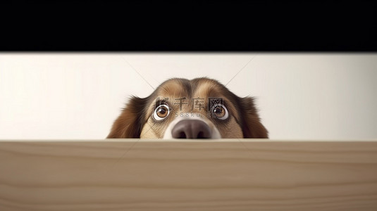 好奇的犬在桌子下进行间谍活动的 3D 渲染图像