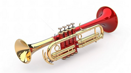 白色背景上的金红色喇叭的卡通风格 3D 插图