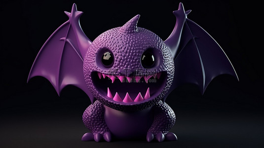 万圣节装饰设计主题 3D 渲染卡通紫色蝙蝠与獠牙