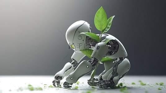 清绿叶背景图片_绿色科技与人工智能相遇，生态概念与 3D 渲染的机器人或人工智能机器人被绿叶包围