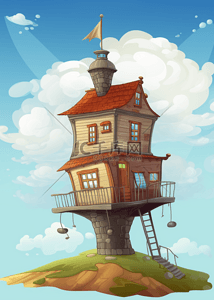 天空围栏背景图片_房子蓝天云朵蓝色卡通背景
