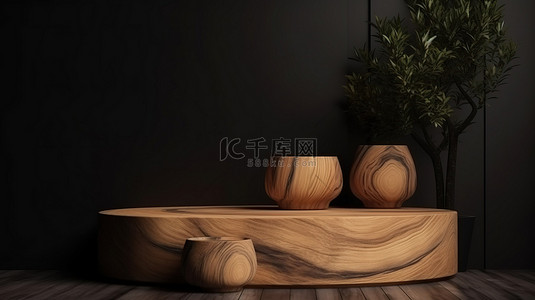 木质ppt背景图片_3D 木质讲台上的产品展示，具有逼真的纹理渲染