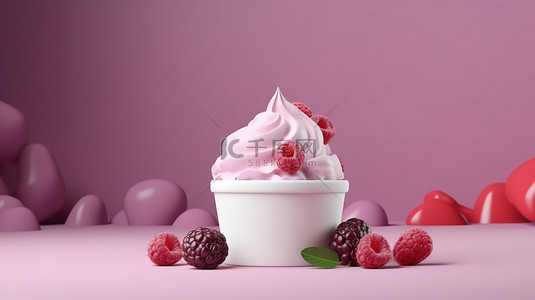 冰淇淋教具背景图片_前视图纸杯模型，美味的粉红色浆果冰淇淋，具有充足的复制空间和夏季横幅 3D 渲染
