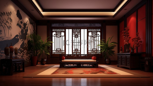中国风格室内房间的 3D 渲染