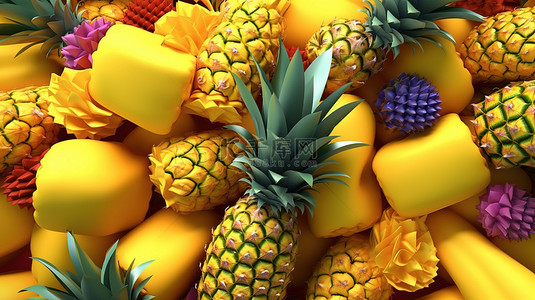 阳光明媚的黄色背景 3D 渲染上充满活力和健康的彩虹品种的成熟营养菠萝